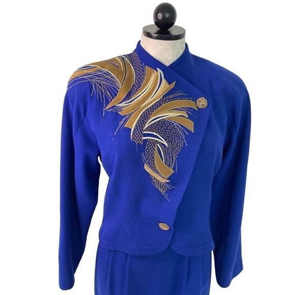 Cache Vintage Womens Skirt Suit Blue Size 4 By Joseph Ho Applique Pure Wool - Picture 4 of 10